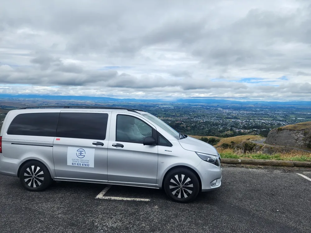 The Electric Executive Mercedes-Benz eVito at the Te Mata Peak summit car park, looking out over the Heretaunga Plains