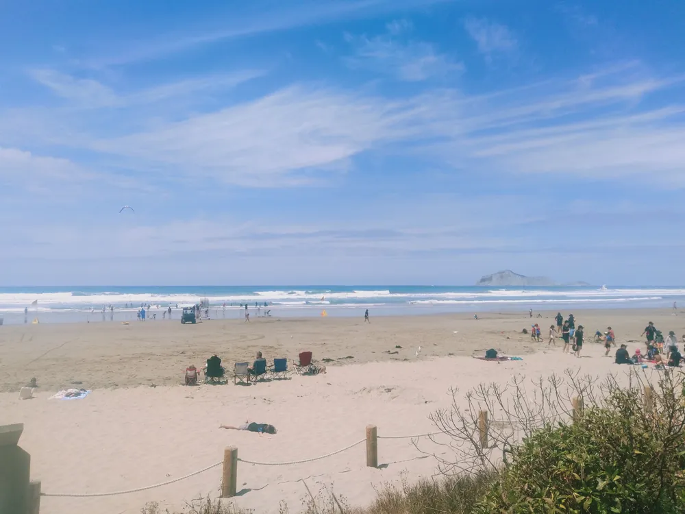 Waimārama Beach in Hawke's Bay on a summer day, with Bare Island on the horizon