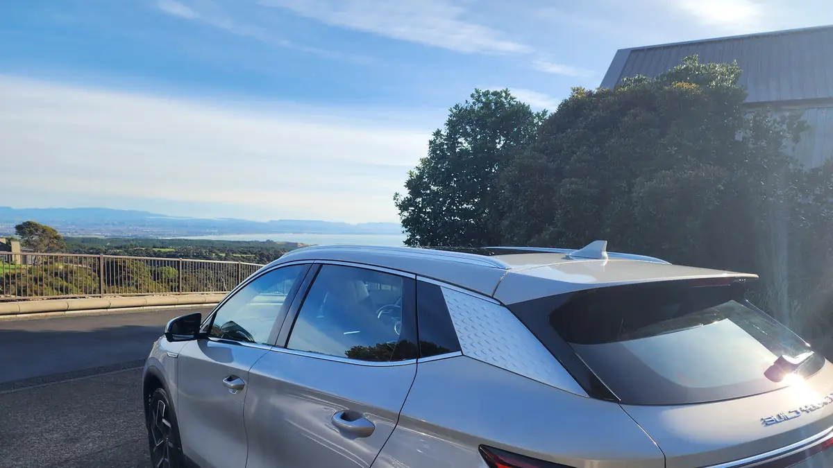 Fully electric BYD Atto 3 at Rosewood Cape Kidnappers, looking out across Hawke Bay