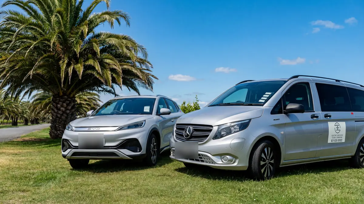 The fully electric BYD Atto 3 and Mercedes-Benz eVito parked beneath a palm at a Hawke's Bay vineyard