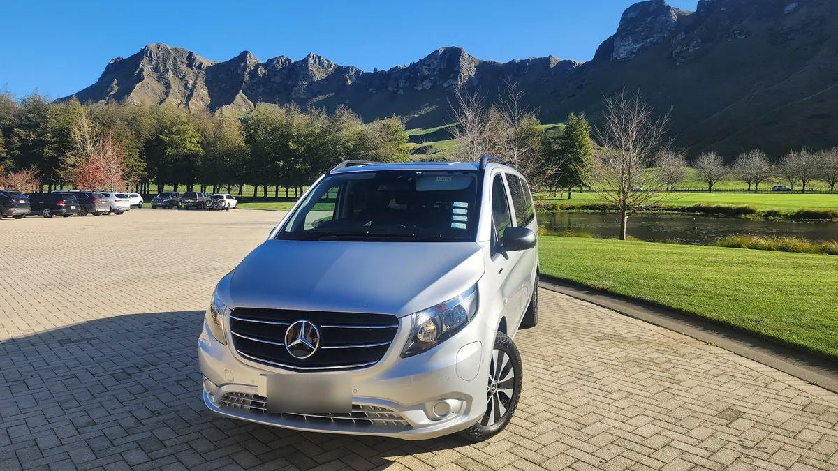 The fully electric Mercedes-Benz eVito beneath Te Mata Peak near Havelock North