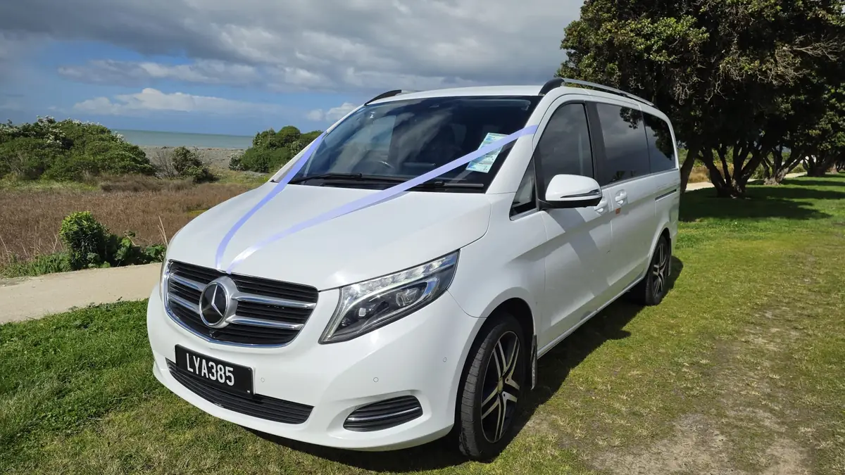 The Electric Executive Mercedes-Benz V-Class dressed with white wedding ribbon at a Hawke's Bay coastal reserve