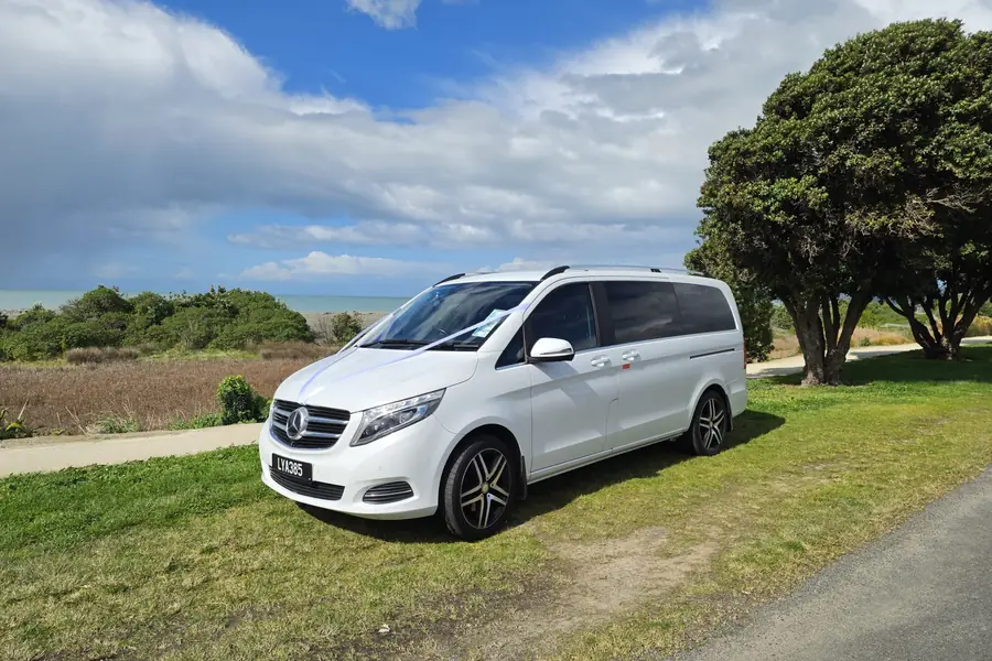The Electric Executive Mercedes-Benz V-Class dressed with white wedding ribbon at a Hawke's Bay coastal reserve