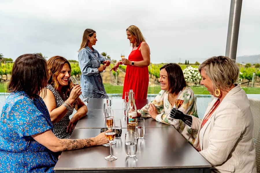 Guests share a toast on a winery terrace above the vines in Hawke's Bay