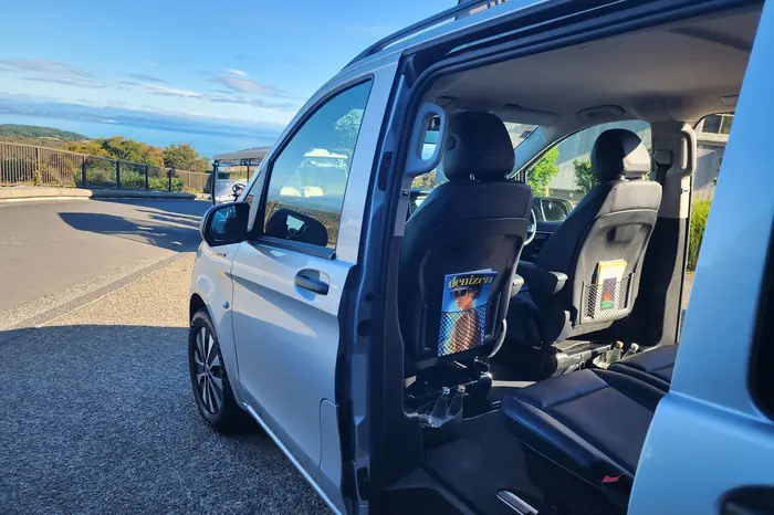 The fully electric Mercedes-Benz eVito at Rosewood Cape Kidnappers, looking out across Hawke Bay