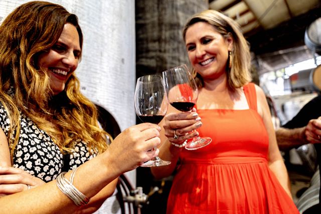 Guests tasting red wine in a Hawke's Bay winery cellar